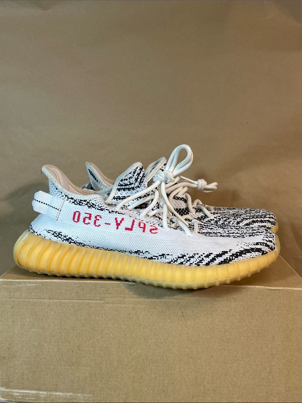 Yeezy Boost 350 Zebra Knit Sneakers with Yellow Sole Size 11